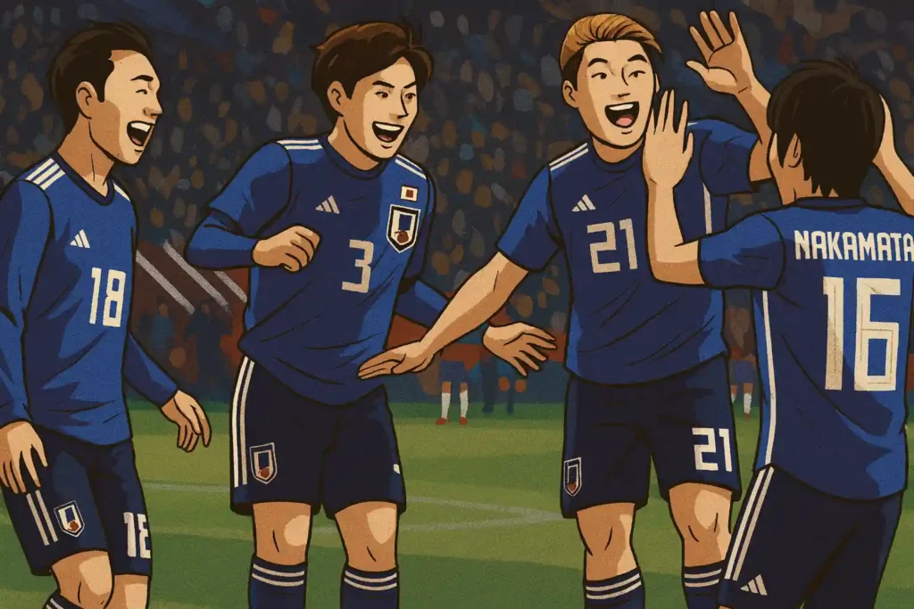japan-vs-bolivia-match Illustration of Japanese football players celebrating during the Japan vs Bolivia match