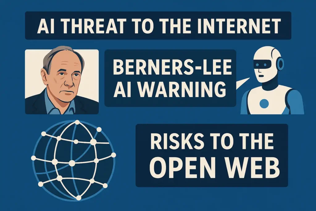 Illustration showing the Berners-Lee AI warning with visuals of Tim Berners-Lee, an AI figure, and a connected web network symbolizing risks to the open internet.