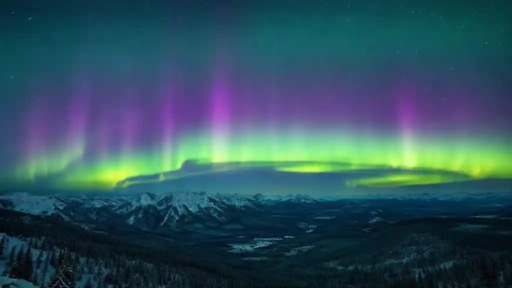 Aurora Borealis or northern lights USA illuminating the night sky in vibrant green and purple hues across the United States.