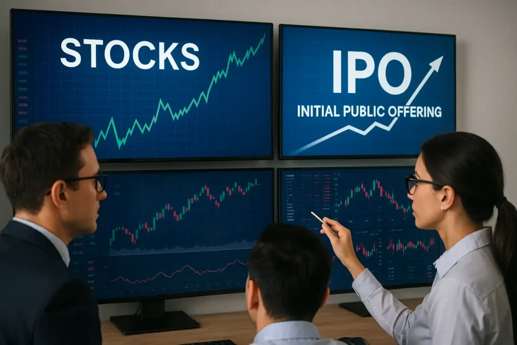Professionals reviewing stock charts and IPO data on multiple monitors while analyzing trends related to the Tenneco Clean Air IPO.