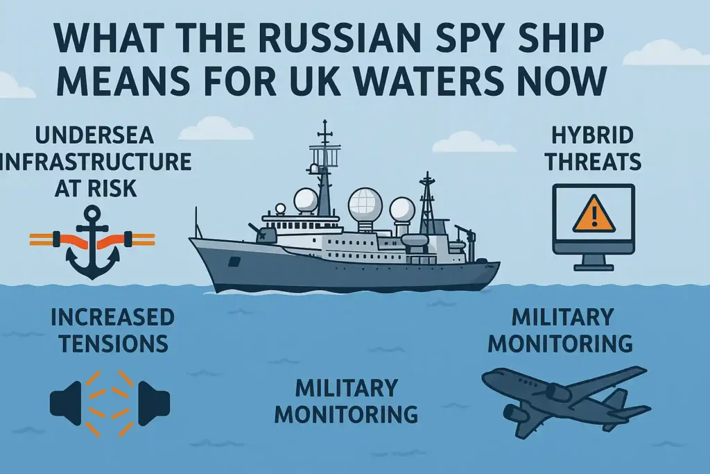 Illustration showing a Russian vessel near UK waters with icons highlighting risks such as undersea infrastructure threats, increased tensions, hybrid threats, and military monitoring.