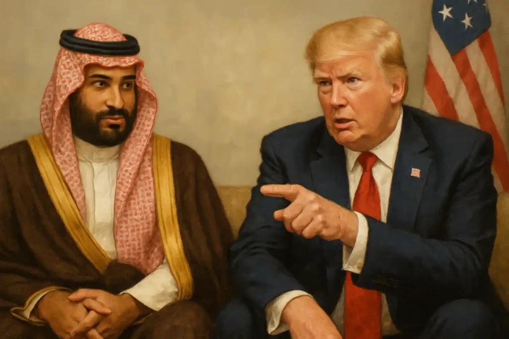 Illustration of Donald Trump pointing toward a reporter while seated beside Prince Mohammed bin Salman, depicting a calm yet tense moment in Trump's Clash with Media.