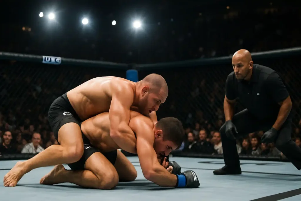 ufc-grappling-action Two MMA fighters grapple on the canvas inside a cage while a referee observes closely under bright arena lights, with the audience watching from a distance.