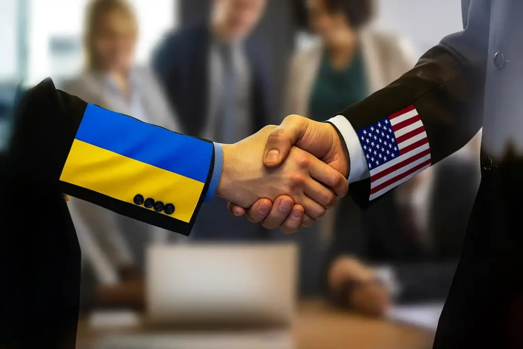 ukraine-us-lng-imports Handshake between two people wearing U.S. and Ukraine flag sleeves, symbolizing cooperation on Ukraine-US LNG imports.