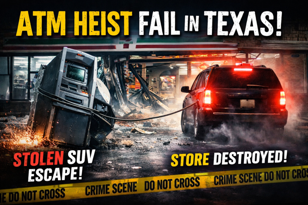 ATM heist Texas captured on surveillance as suspects drag an ATM through a damaged convenience store storefront on Christmas Eve