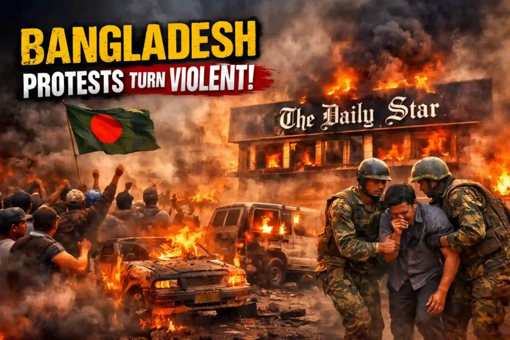Bangladesh protests turn violent as fires rage outside a media office in Dhaka amid escalating unrest