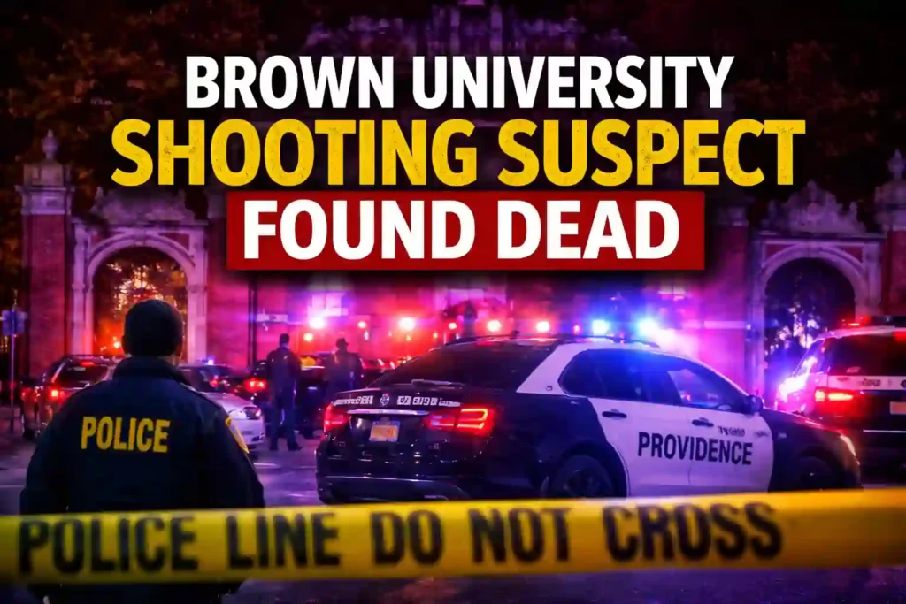 Police secure the scene as the Brown University shooting suspect is found dead following a multi-state manhunt.