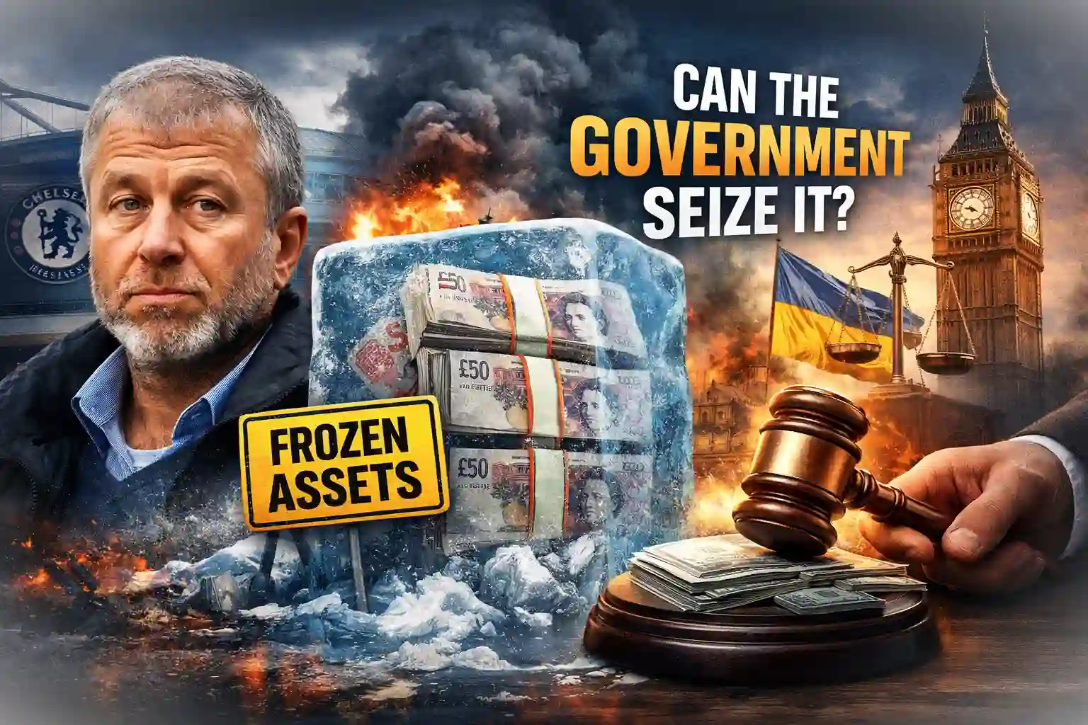 Roman Abramovich beside frozen cash labeled “Frozen Assets,” with a judge’s gavel, UK landmarks, and Ukraine imagery symbolizing the Chelsea sale funds dispute.