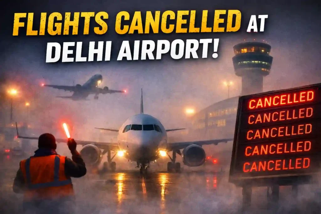 Delhi Airport flights cancelled as aircraft sit on the runway amid dense fog and low visibility at IGI Airport