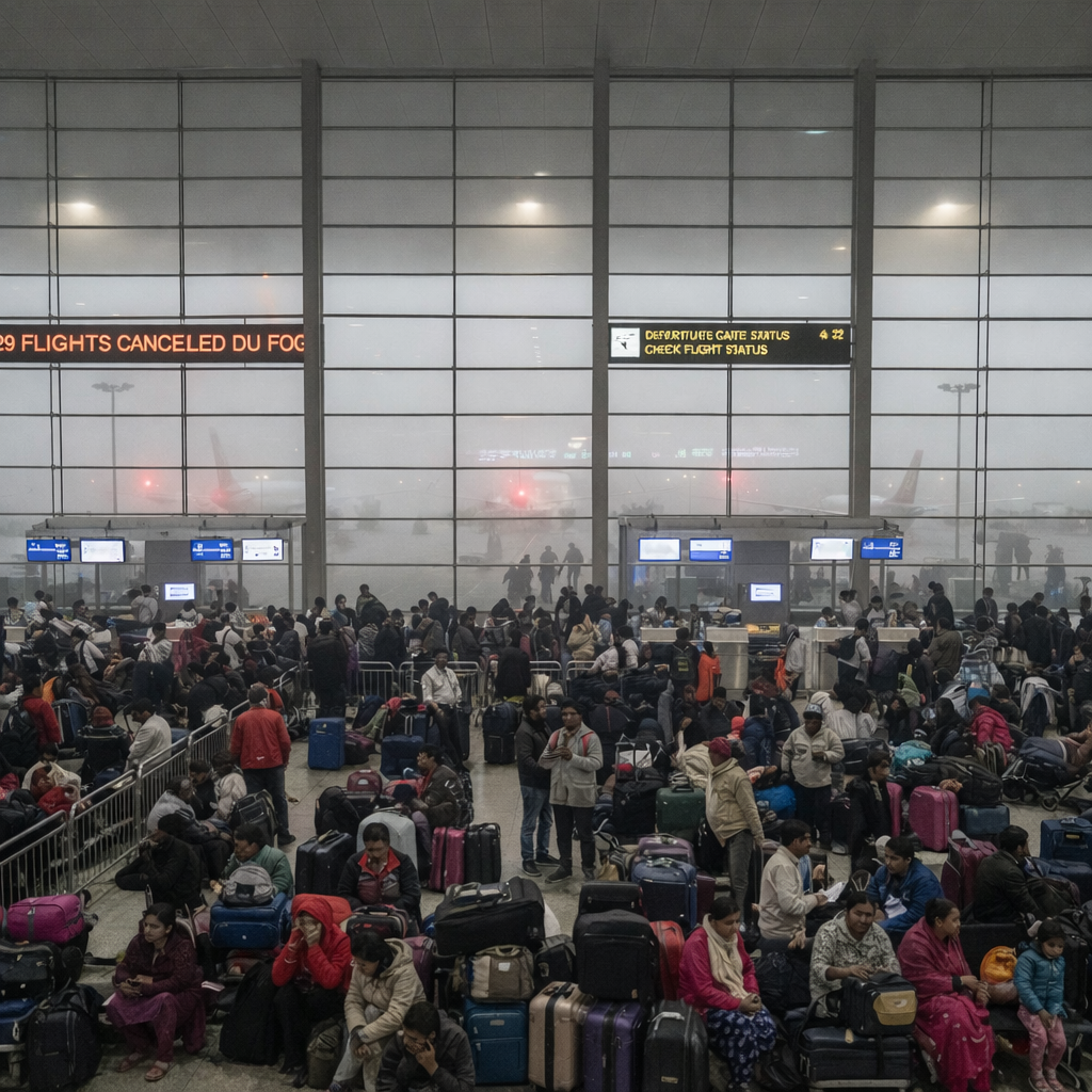 Delhi Airport flights cancelled as passengers wait with luggage inside IGI Airport amid dense fog and low visibility