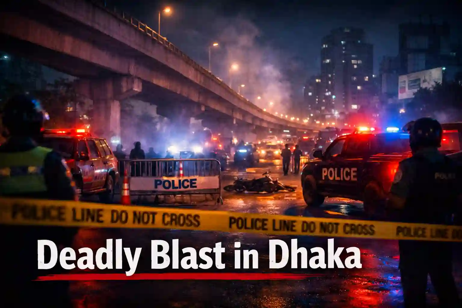 Police secure a busy Dhaka street at night after a Dhaka bomb blast, as security tightens across the capital.