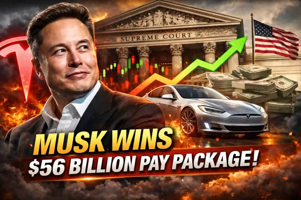 Elon Tesla pay package restored as Elon Musk wins U.S. court appeal, with Tesla car, courthouse, and rising stock chart in background