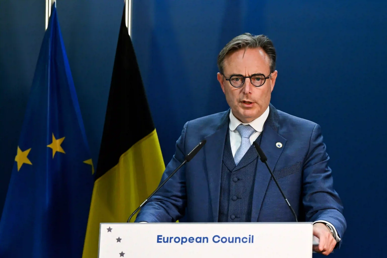 Portrait of Belgium’s Prime Minister Bart De Wever amid EU discussions on frozen Russian assets.