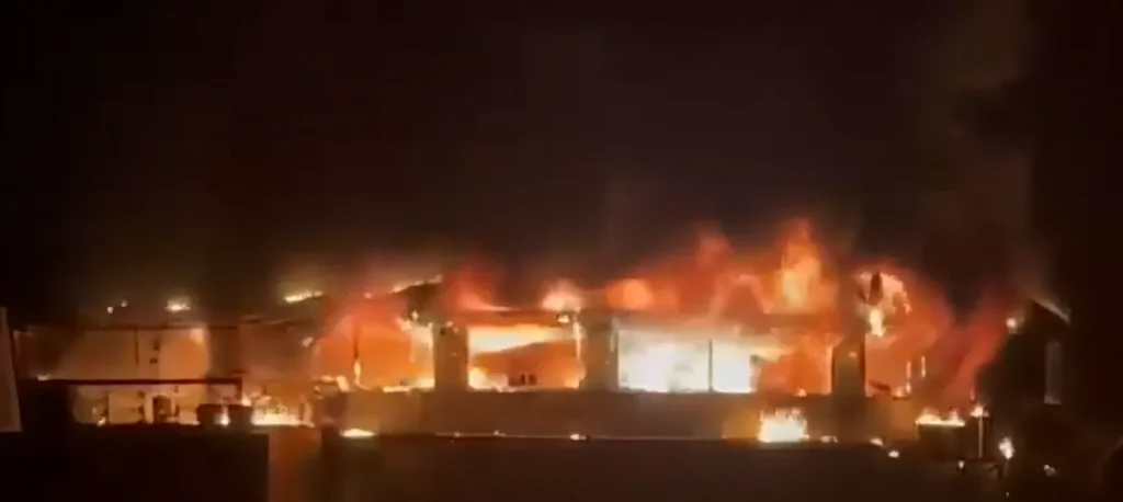 Goa nightclub fire showing the Birch by Romeo Lane building completely engulfed in flames during the night.