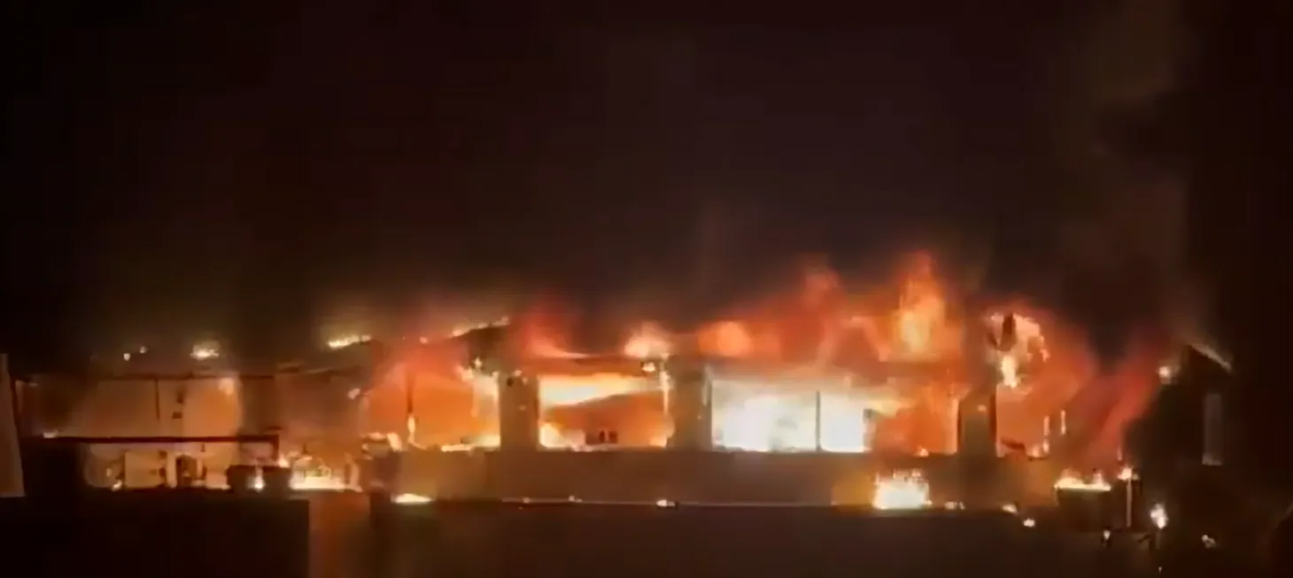 Goa nightclub fire showing the Birch by Romeo Lane building completely engulfed in flames during the night.