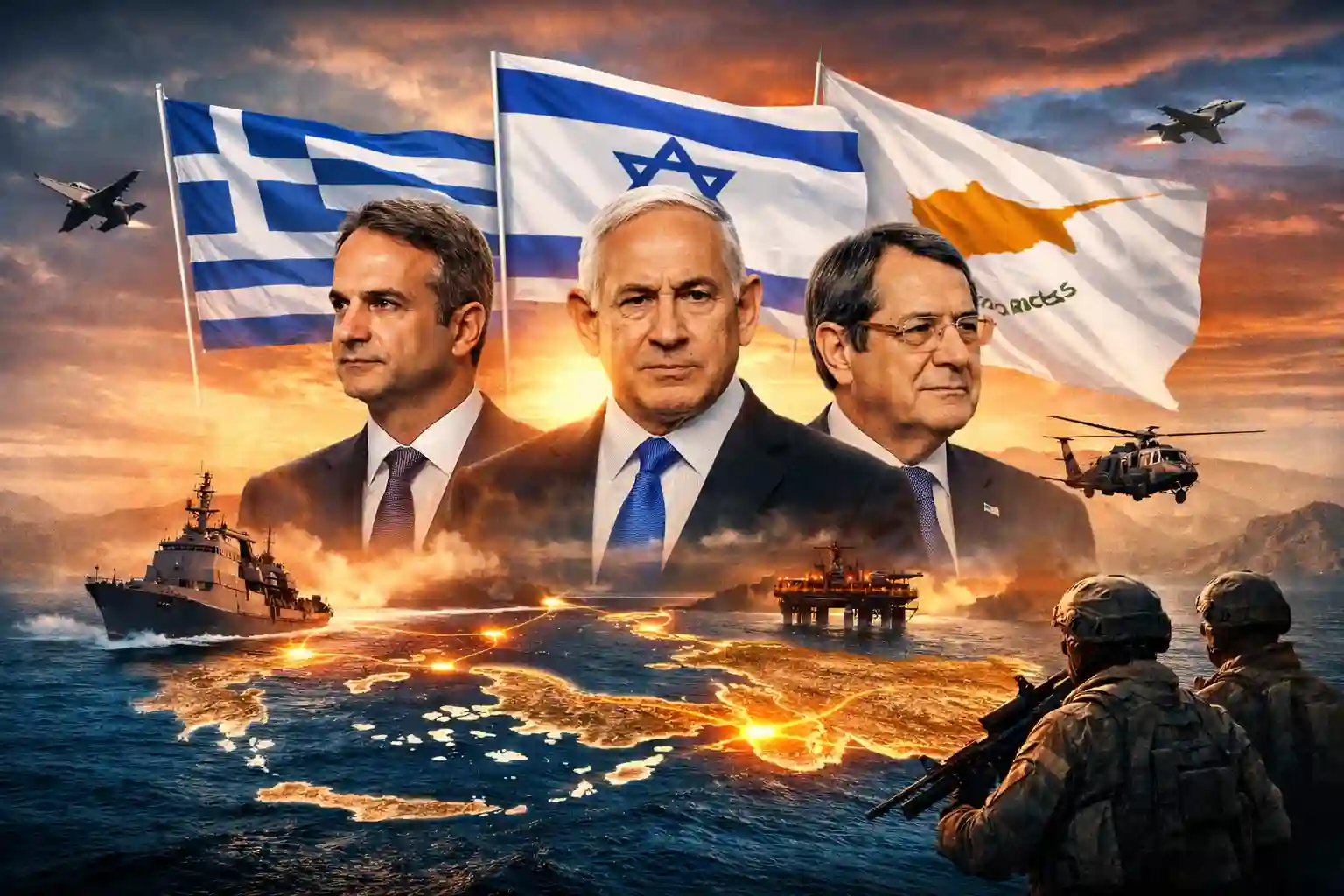 Leaders of Greece, Israel, and Cyprus during the Greece Israel Cyprus meeting on regional security in the Eastern Mediterranean