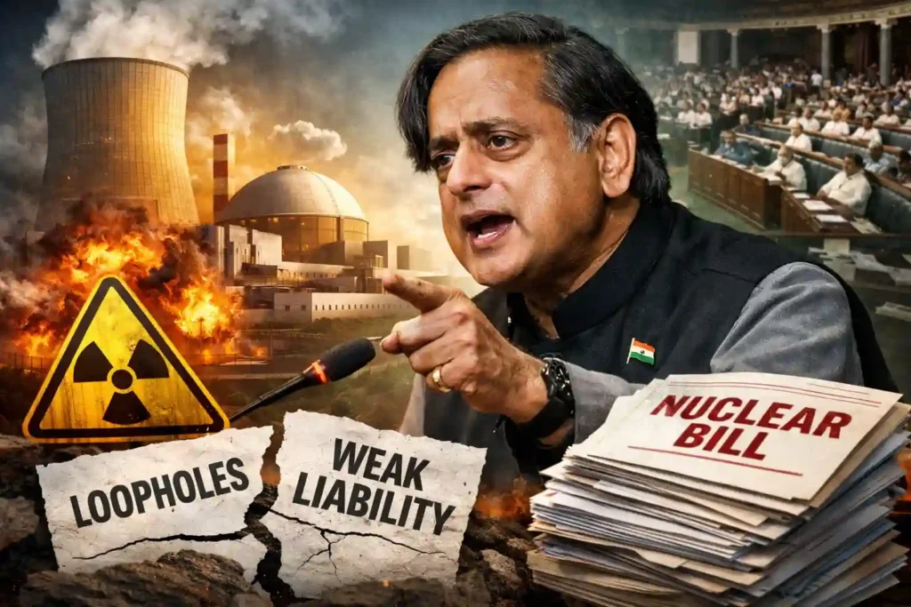 Shashi Tharoor speaking in Parliament during debate on the India nuclear energy bill, raising concerns over safety, liability, and accountability