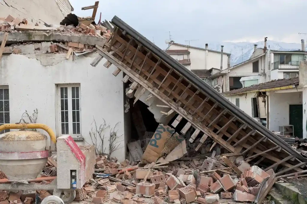Collapsed building and rubble after a destructive Japan earthquake.