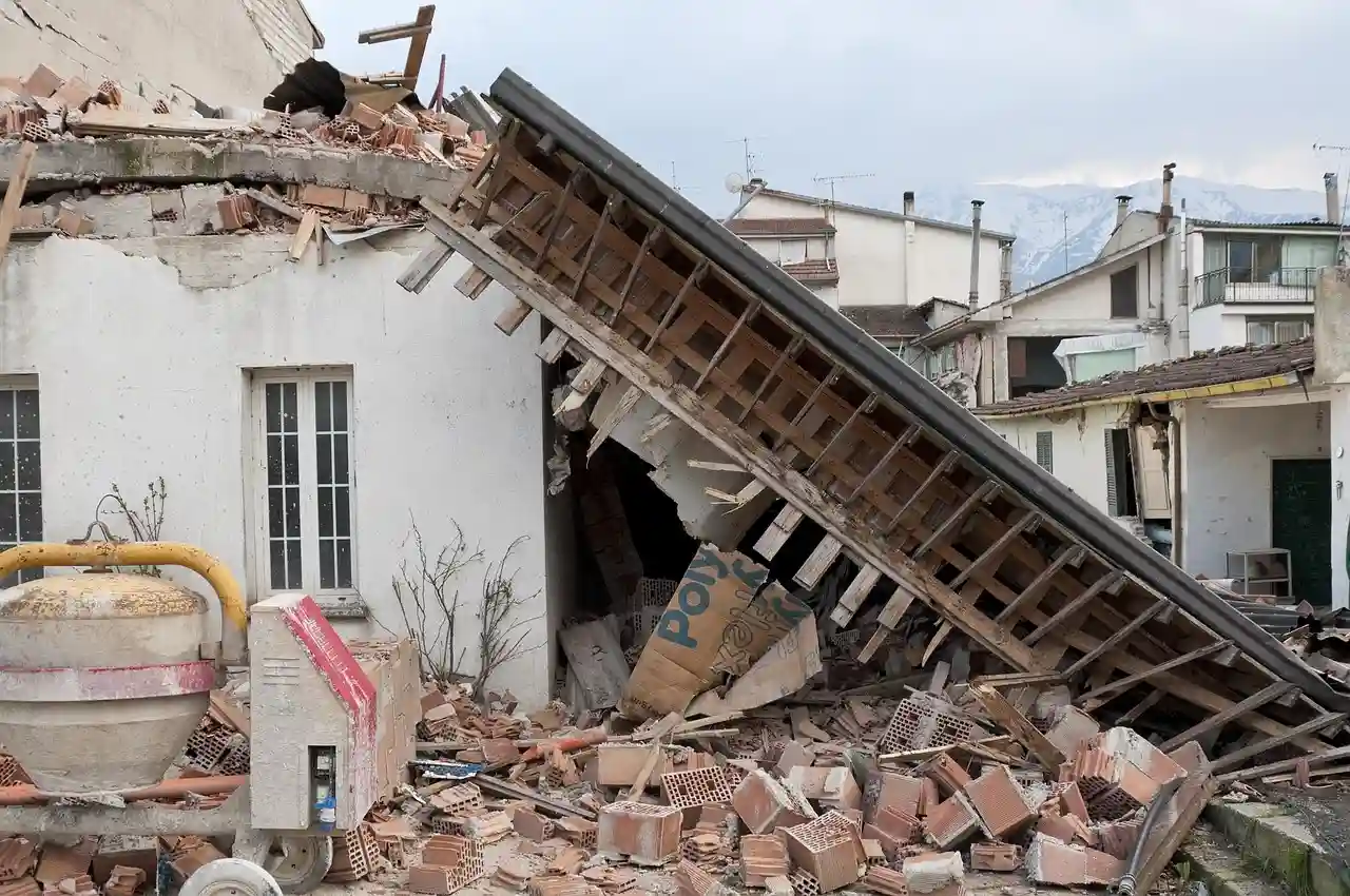 Collapsed building and rubble after a destructive Japan earthquake.