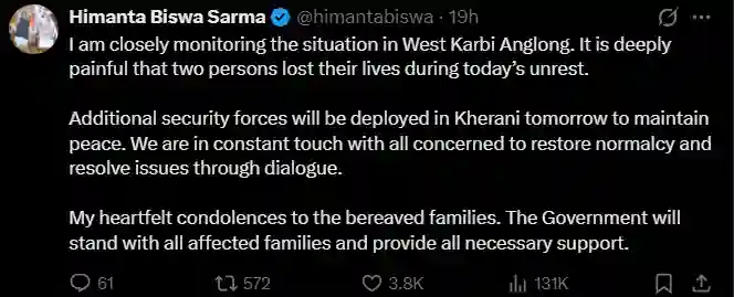 Assam Chief Minister Himanta Biswa Sarma tweets on Karbi Anglong violence, confirming two deaths and deployment of security forces