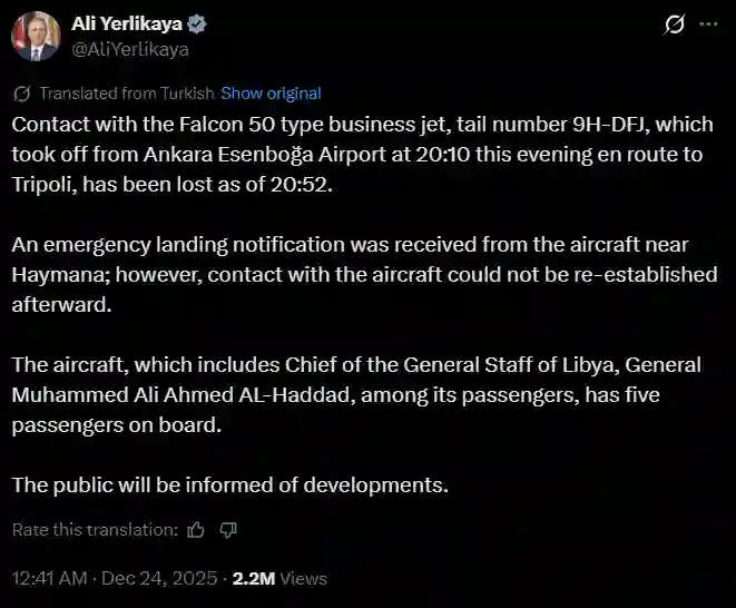 Turkey’s Interior Minister confirms loss of contact with aircraft in Libya Turkey military incident