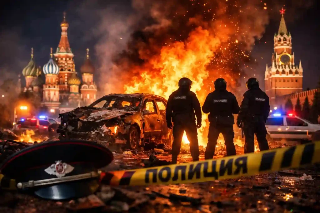 Moscow car explosion scene showing a burning vehicle and police presence near the site where officers were killed.