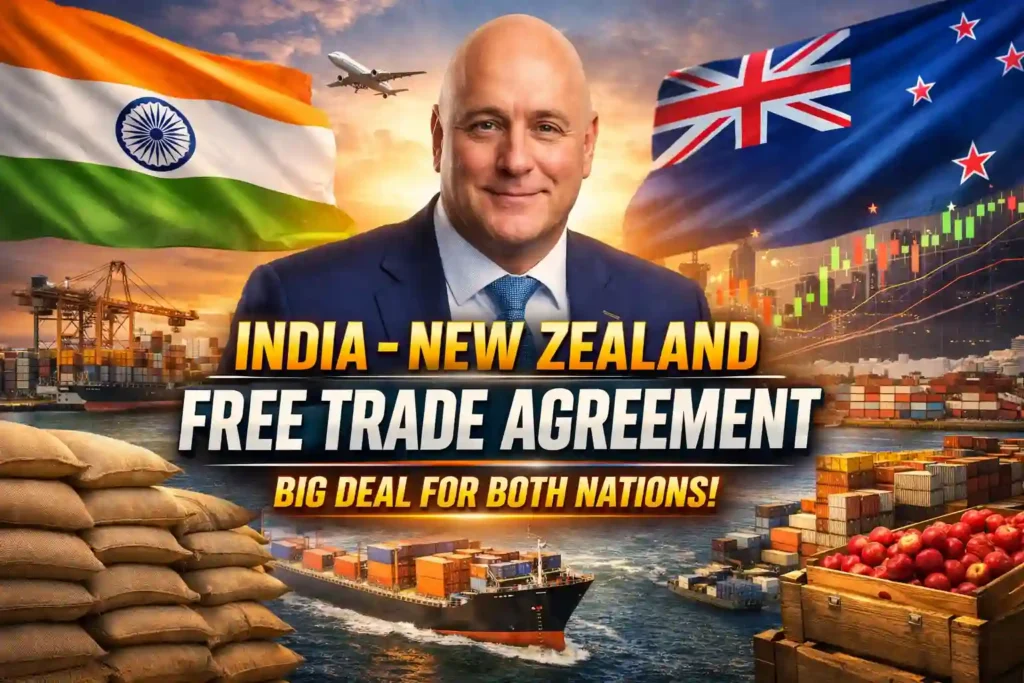 New Zealand India FTA featured image showing India and New Zealand flags, cargo ships, exports, and Prime Minister Christopher Luxon symbolising the free trade agreement