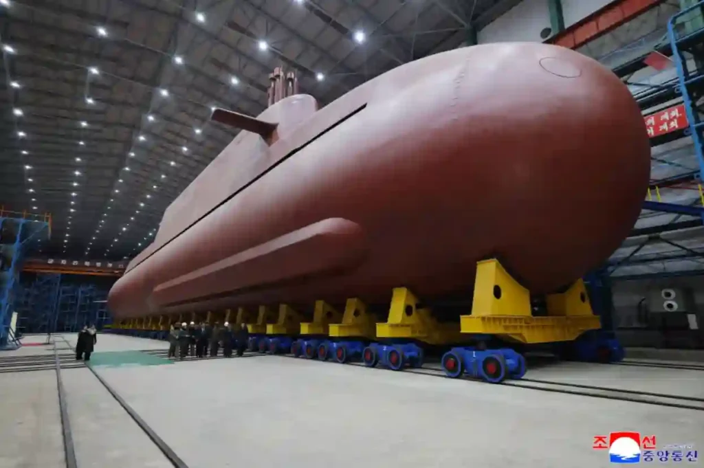 North Korea nuclear submarine under construction inside a shipyard, as shown in official KCNA images