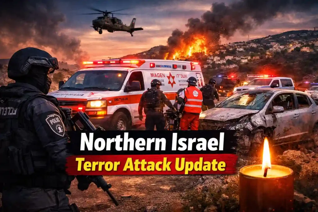 Northern Israel terror attack scene showing emergency responders, police vehicles, and heightened security after a deadly multi-location assault.