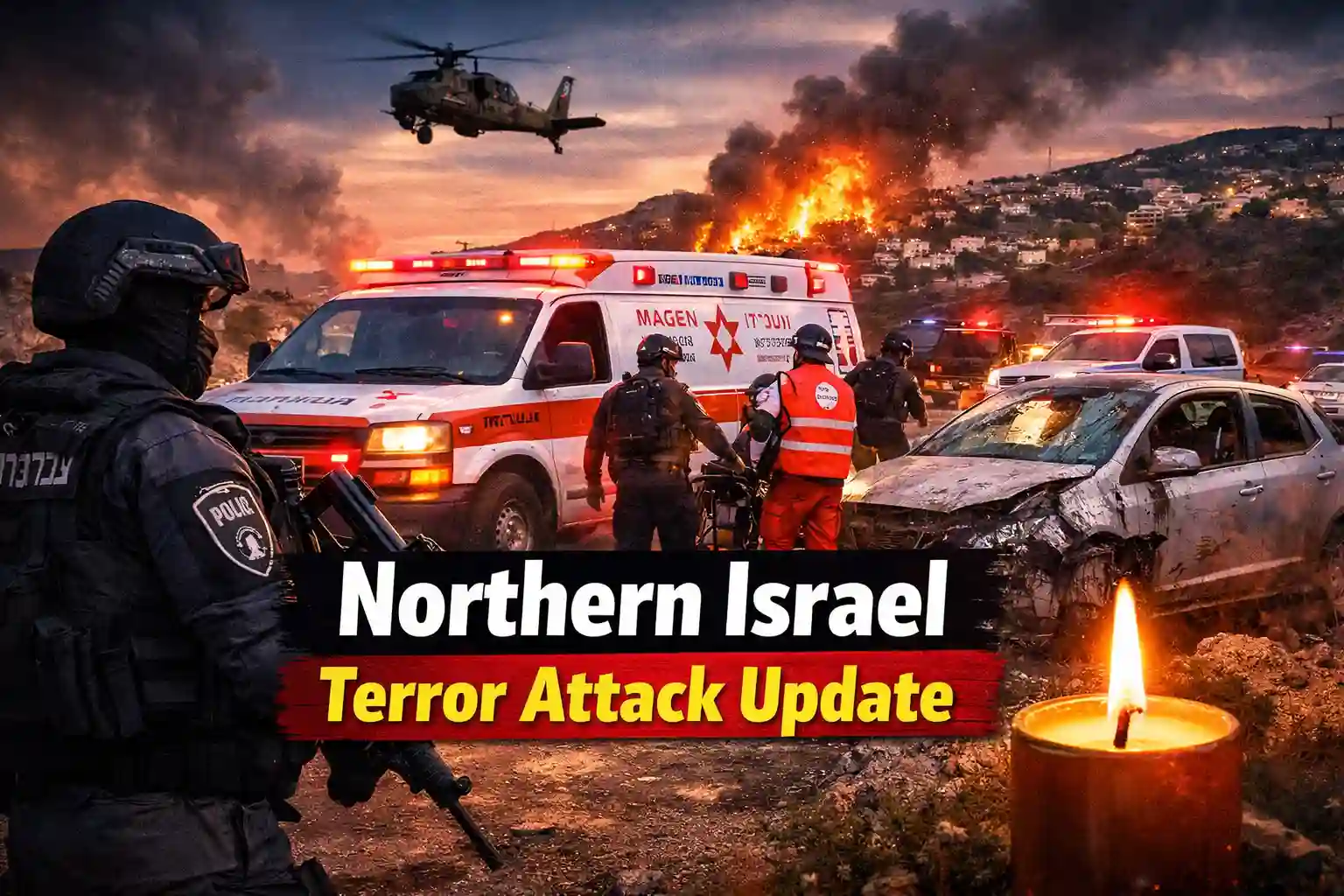Northern Israel terror attack scene showing emergency responders, police vehicles, and heightened security after a deadly multi-location assault.