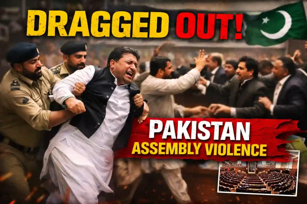Pakistan assembly violence as security personnel escort a political representative out of the Punjab Assembly during a chaotic session.