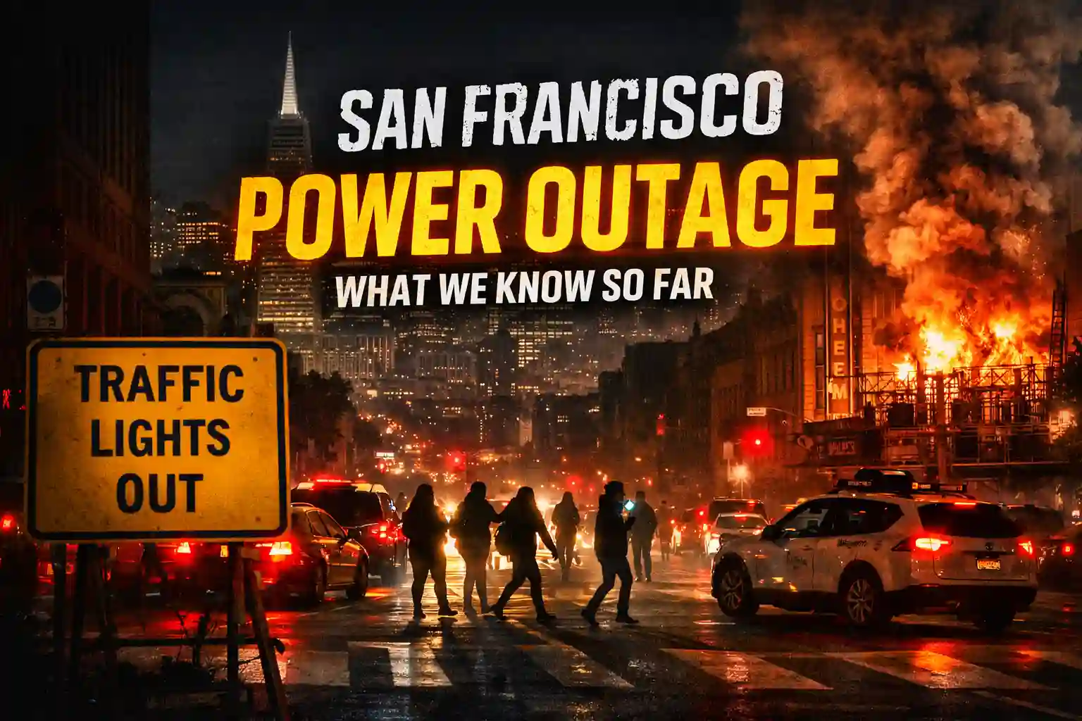 San Francisco power outage leaves city streets dark as traffic lights fail and emergency crews respond to a substation fire.