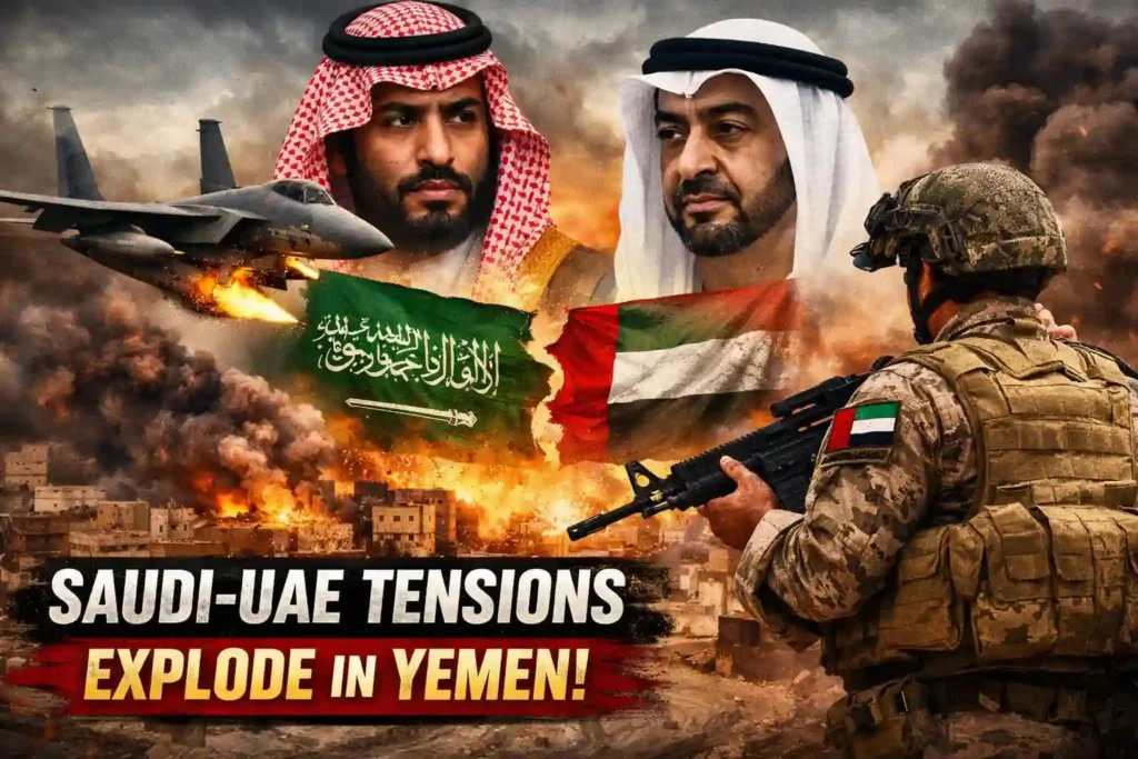 Saudi UAE tensions escalate as alleged Saudi airstrikes target UAE-backed forces in Yemen, signaling a rare rift between allies.