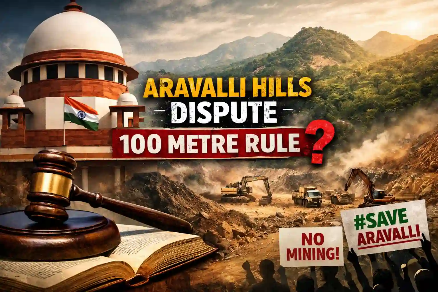 Supreme Court Aravalli decision depicted with Aravalli hills, mining machinery, and the 100-metre rule controversy highlighting environmental concerns