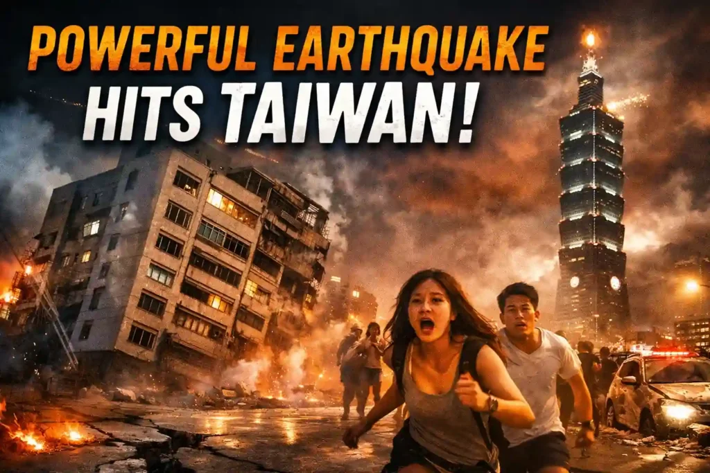 Dramatic cityscape showing buildings swaying during the Taiwan earthquake as emergency lights glow and dust fills the air.