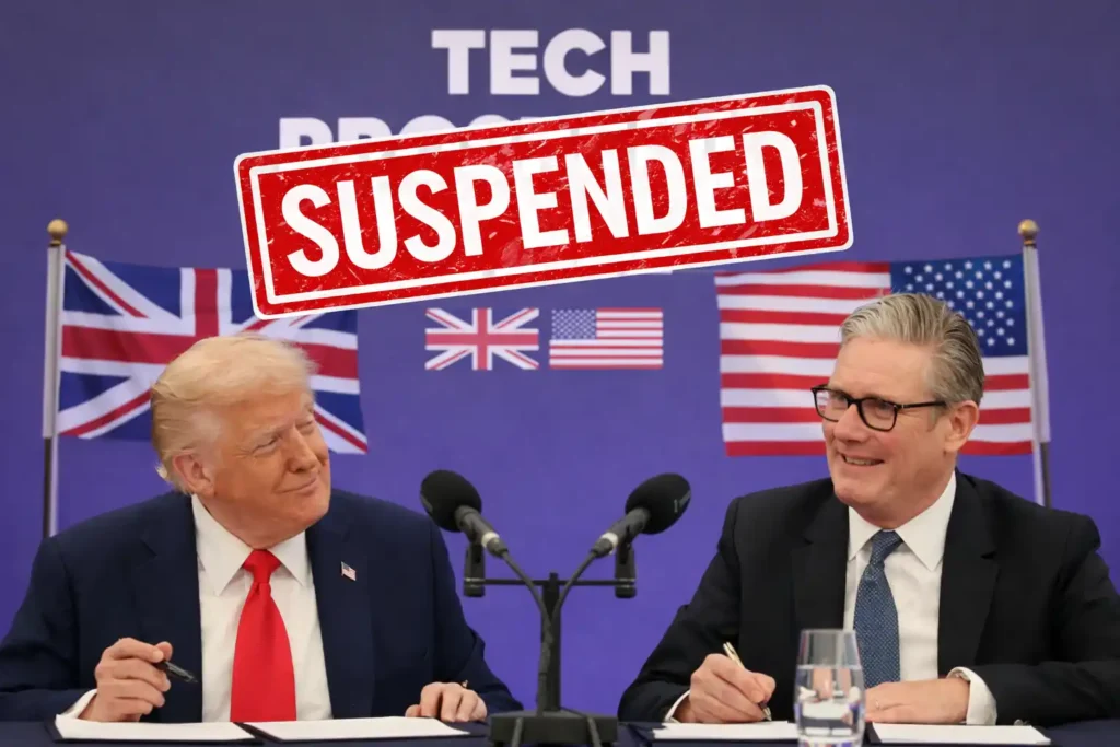 US President Donald Trump and UK Prime Minister Keir Starmer at a Tech Prosperity Deal event, with a “Suspended” stamp highlighting the pause in the US–UK tech partnership.