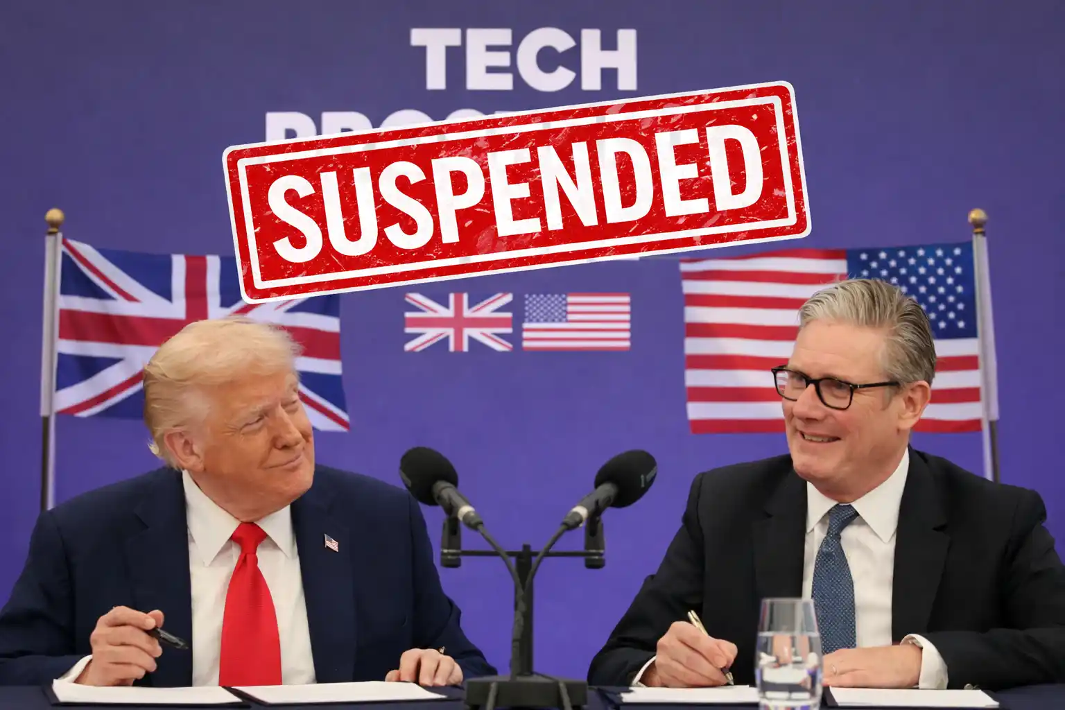 US President Donald Trump and UK Prime Minister Keir Starmer at a Tech Prosperity Deal event, with a “Suspended” stamp highlighting the pause in the US–UK tech partnership.