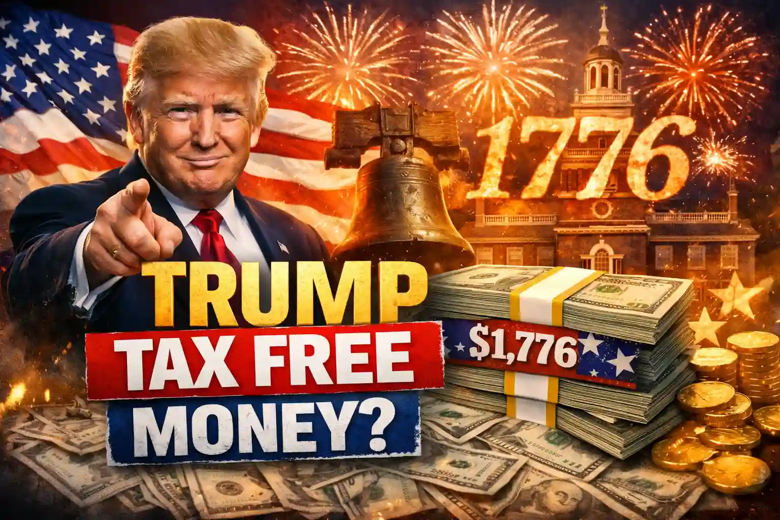Trump tax free money debate illustrated with $1776 reference, American symbolism, and political messaging ahead of Christmas.