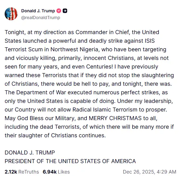 Screenshot of Donald Trump’s Truth Social post announcing U.S. strikes on ISIS targets in Nigeria.
