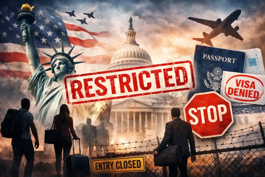 Illustration highlighting U.S. travel restrictions with passport, airplane, and U.S. security symbols representing global travel impact