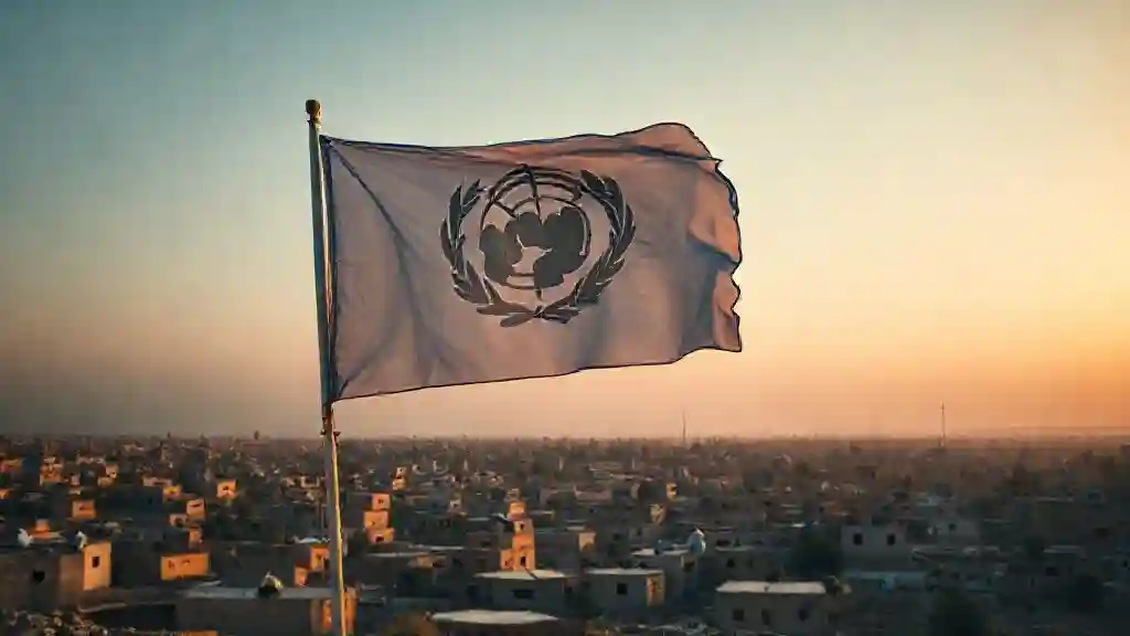 A UN flag waving over Gaza at sunset, reflecting growing concerns about UNRWA Hamas infiltration.