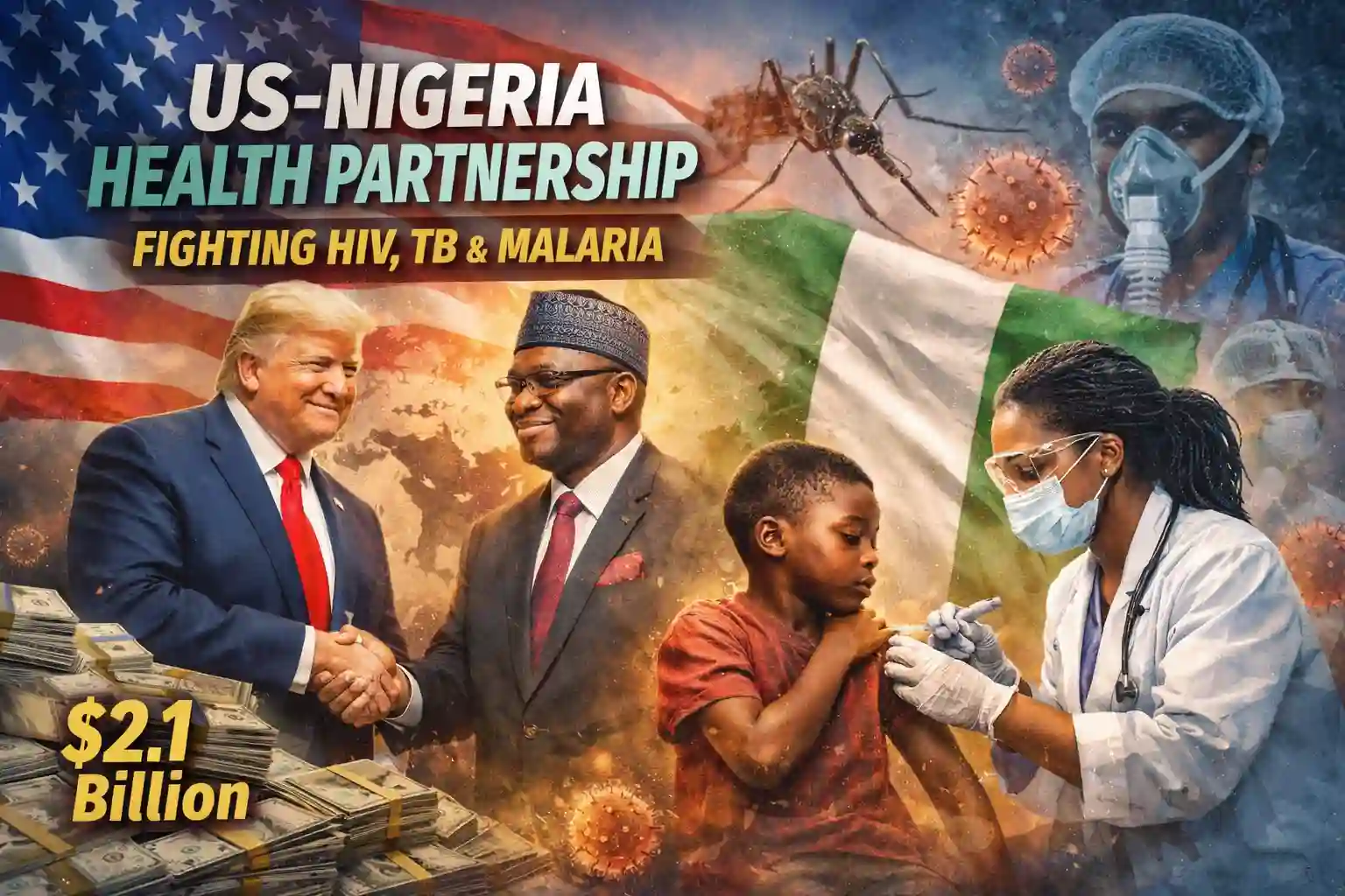 US Nigeria health partnership symbolised by blended US and Nigerian flags and healthcare icons representing HIV, TB, malaria and polio control.