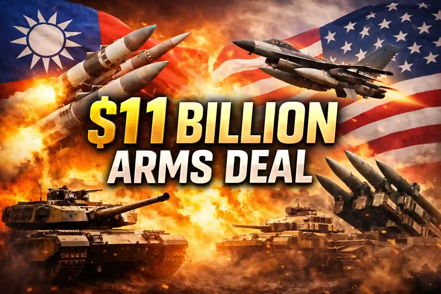 US Taiwan arms deal illustrated with fighter jets, missiles, and tanks against U.S. and Taiwan flags symbolising the $11 billion weapons sale