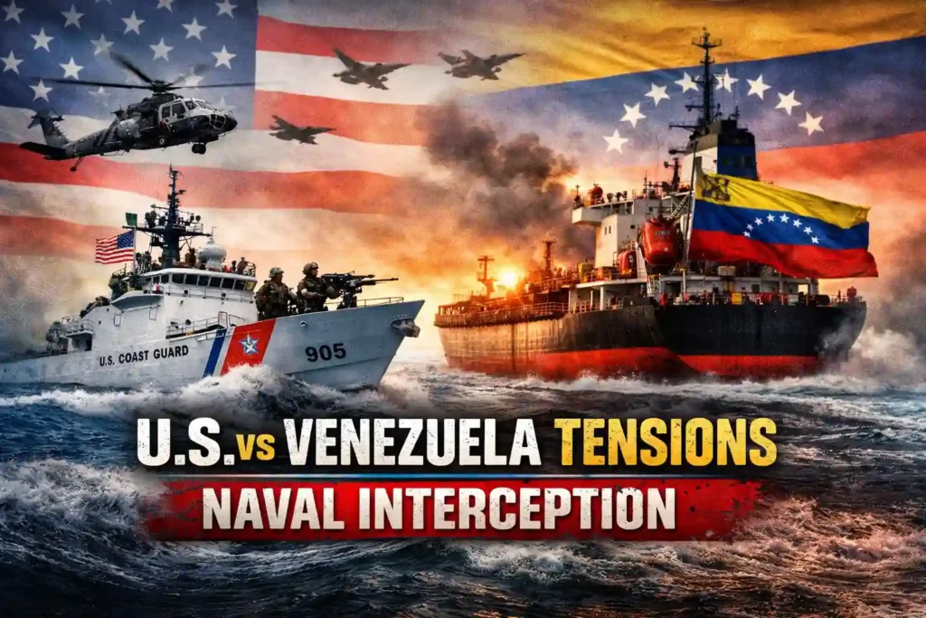 US Venezuela tensions rise as US naval forces intercept a third vessel off Venezuela’s coast in international waters