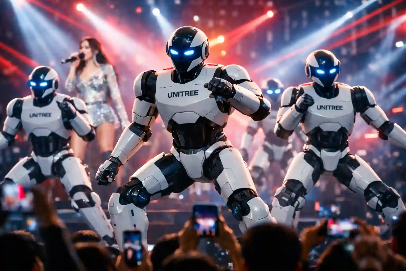 Unitree humanoid robots performing synchronized dance moves as backup performers during a live concert, highlighting the rise of humanoid robots in entertainment.