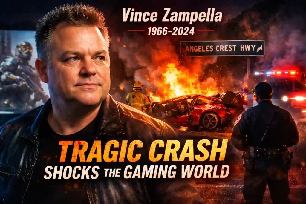Dramatic nighttime view of a mountain highway following the Vince Zampella crash, symbolising the tragic accident that shocked the gaming world.
