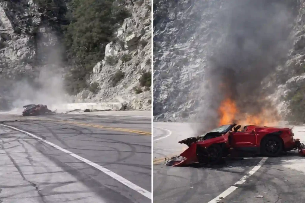 Split-screen image showing the aftermath of the Vince Zampella crash on Angeles Crest Highway, with debris scattered across the road and a damaged red sports car engulfed in flames.