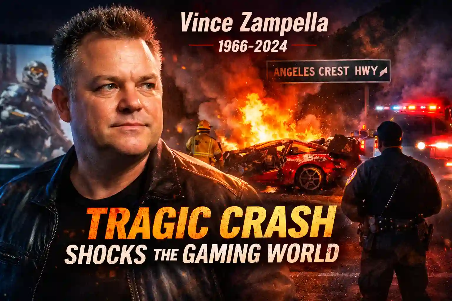 Dramatic nighttime view of a mountain highway following the Vince Zampella crash, symbolising the tragic accident that shocked the gaming world.