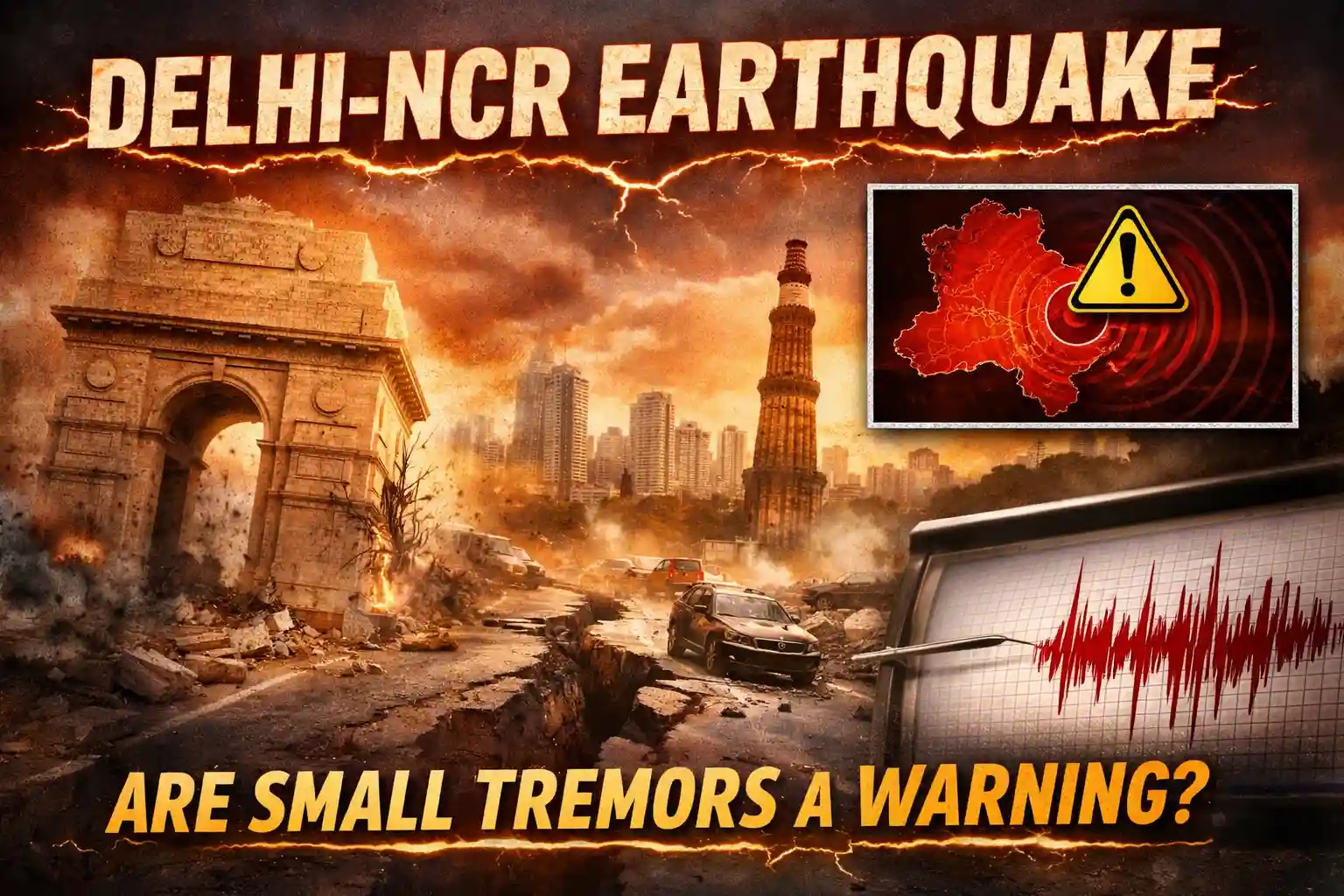Delhi-NCR earthquake today showing city skyline shaking with seismic waves and alert graphics