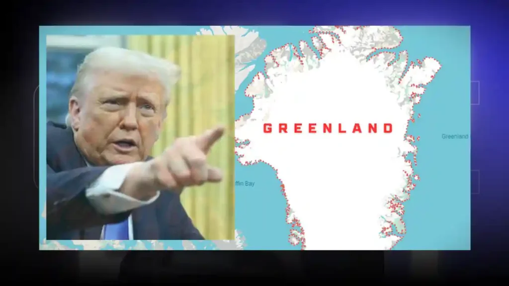 Greenland strategic importance highlighted as Donald Trump points toward Greenland on a map amid global security debate